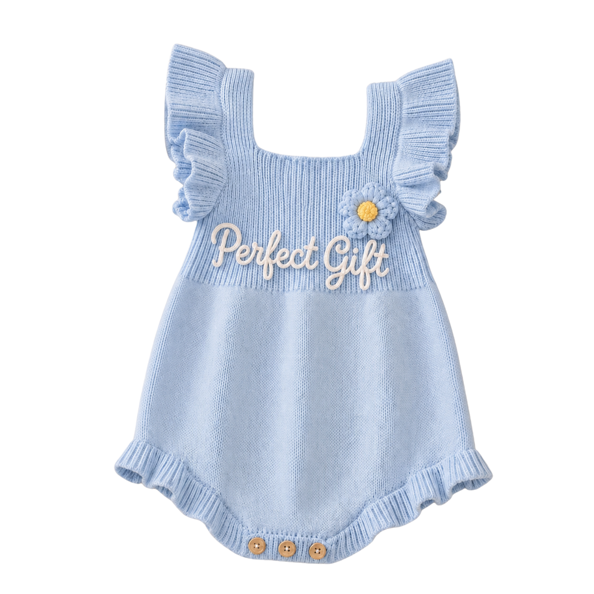 Perfect Gift Baby Knitted Romper – Light Blue Ruffle Sleeve Newborn Outfit