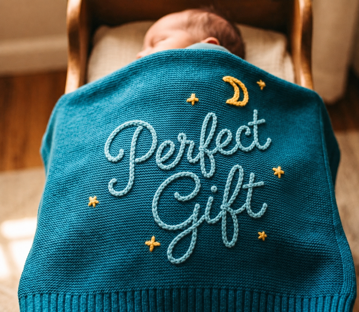 Perfect Gift Embroidered Baby Blanket – Soft Knitted Teal Newborn Blanket